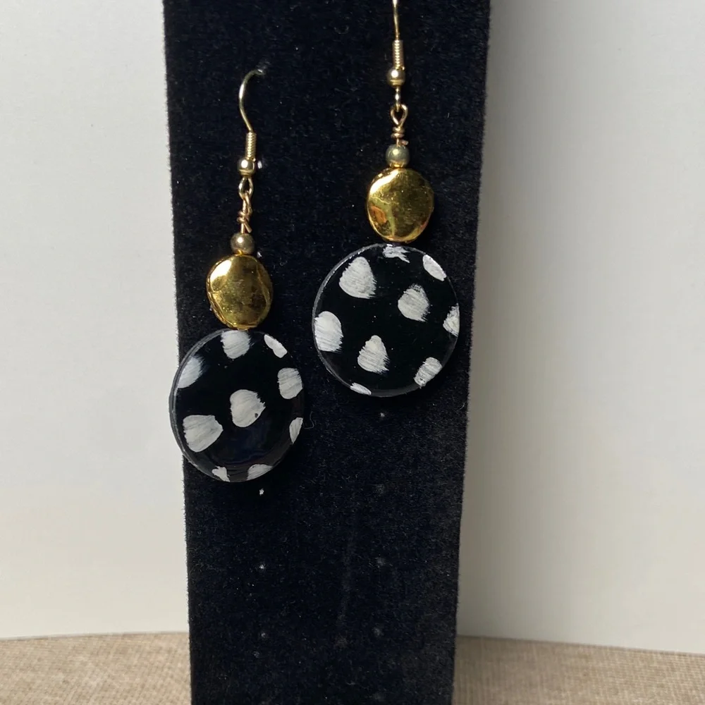 Black and White Polka Dot and Gold Dangle Earrings